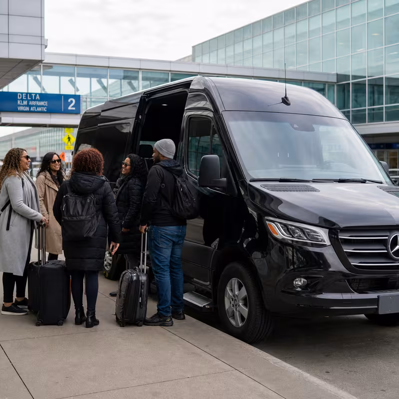 Group boarding a white charter bus for Airport Transportation transportation in Detroit