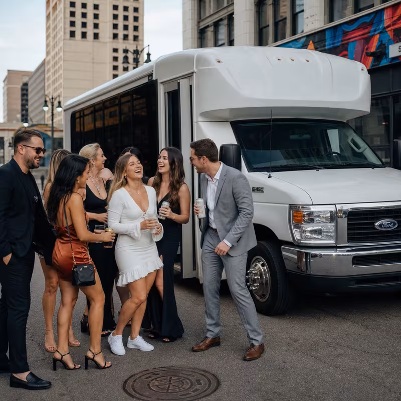 Black Mercedes Sprinter van staged for an Detroit Bachelor & Bachelorette Transportation group