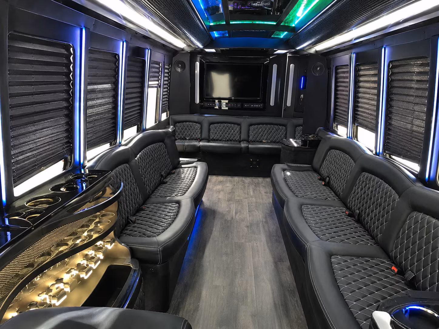 Interior of a party bus rental serving Detroit