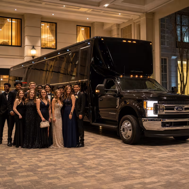 Party bus interior with wraparound leather seating and LED lighting in Detroit