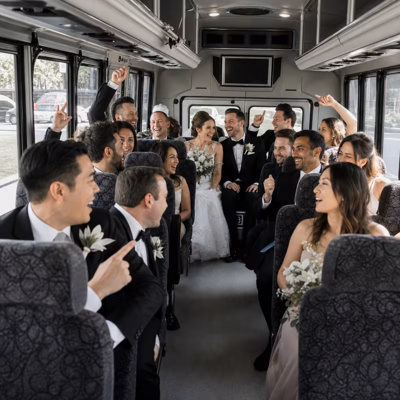 Group boarding a white charter bus for Wedding Transportation transportation in Detroit