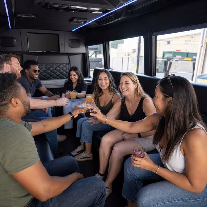 Group boarding a white charter bus for Winery & Brewery Tour Transportation transportation in Detroit
