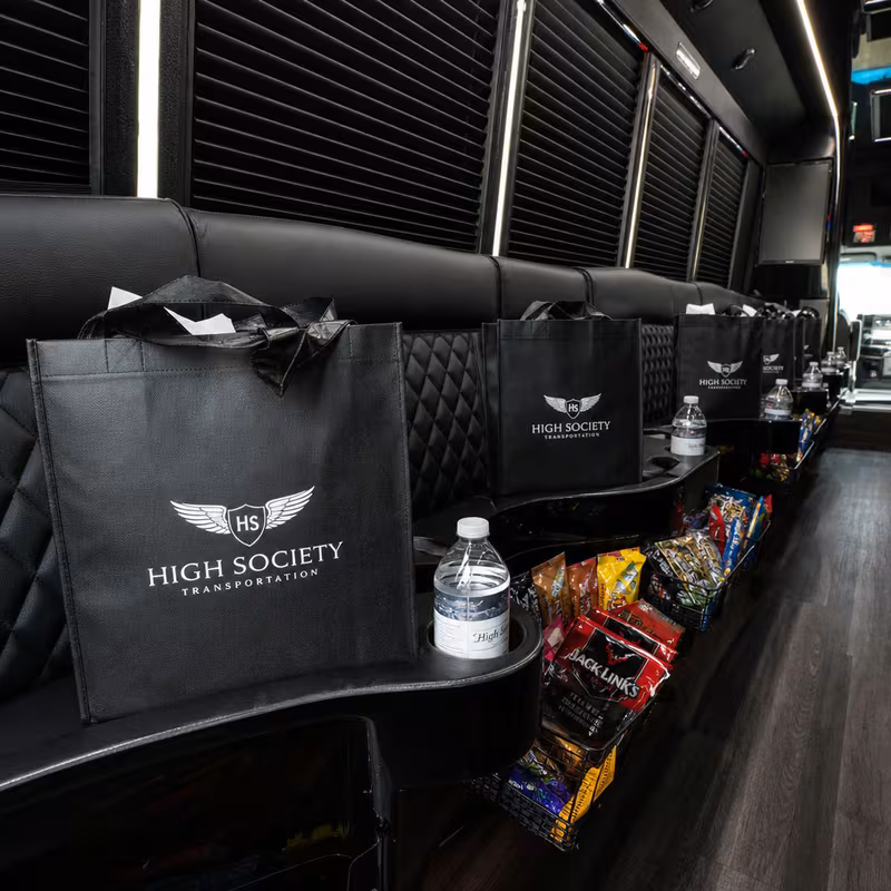Party bus interior with wraparound leather seating and LED lighting in Detroit